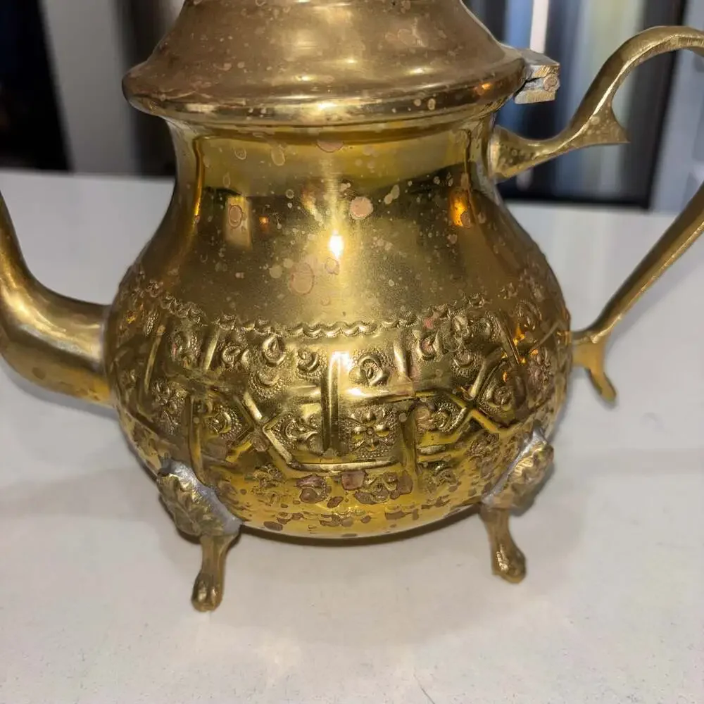 Vintage Ornate Moroccan Style Brass Decorative Teapot with Floral Engravings